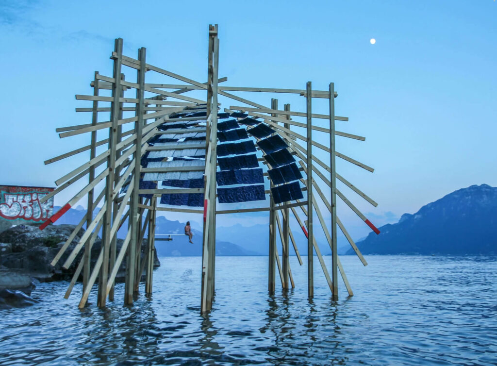 the architecture installation is a pavilion which is constructed in the water