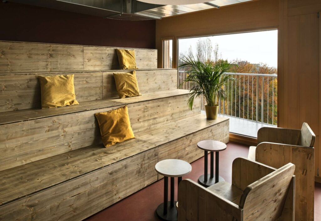 two handmade bleachers are designed for the bar view