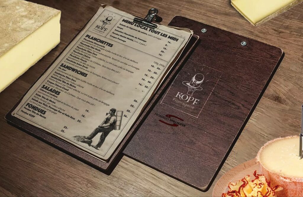 The bar menu design of the fromagerie Spielhofer created by AUTHOS